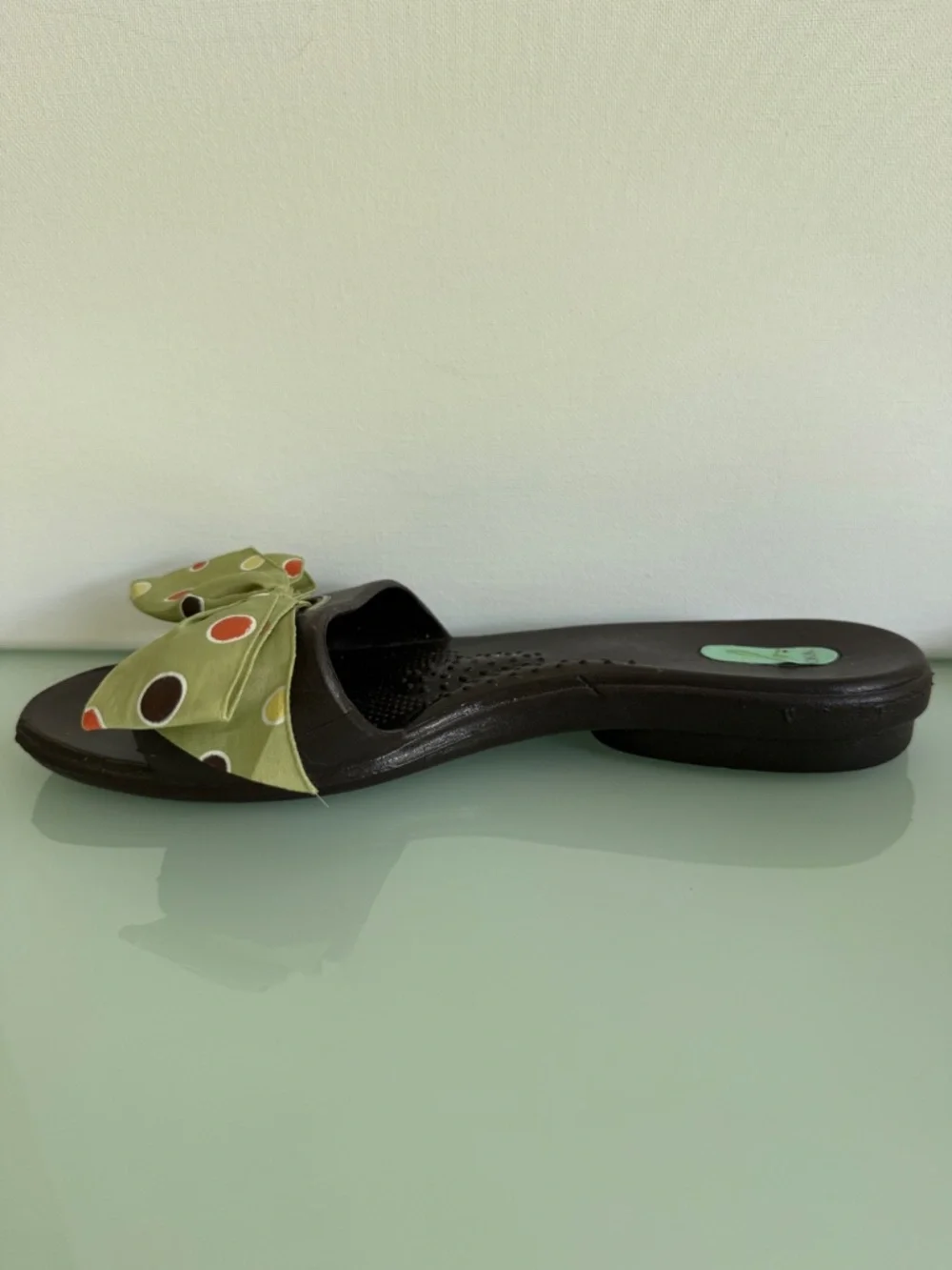 Okabashi Brown Slide Sandals Green Bow Polka Dot Open Toe Slip On Size M